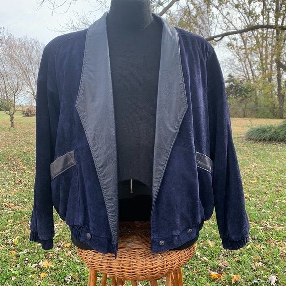 VINTAGE Comint Blue Suede Leather Bomber Jacket Coat Large
